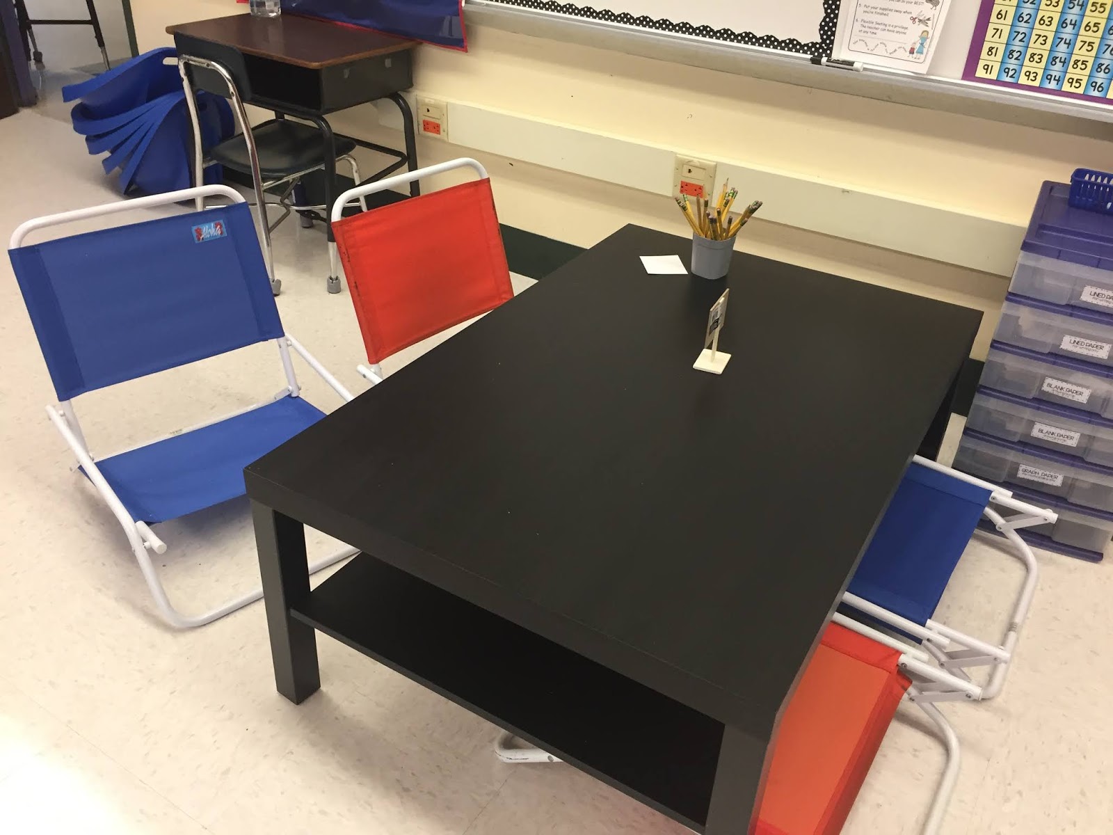Plastic storage with drawer for paper in flexible seating classroom