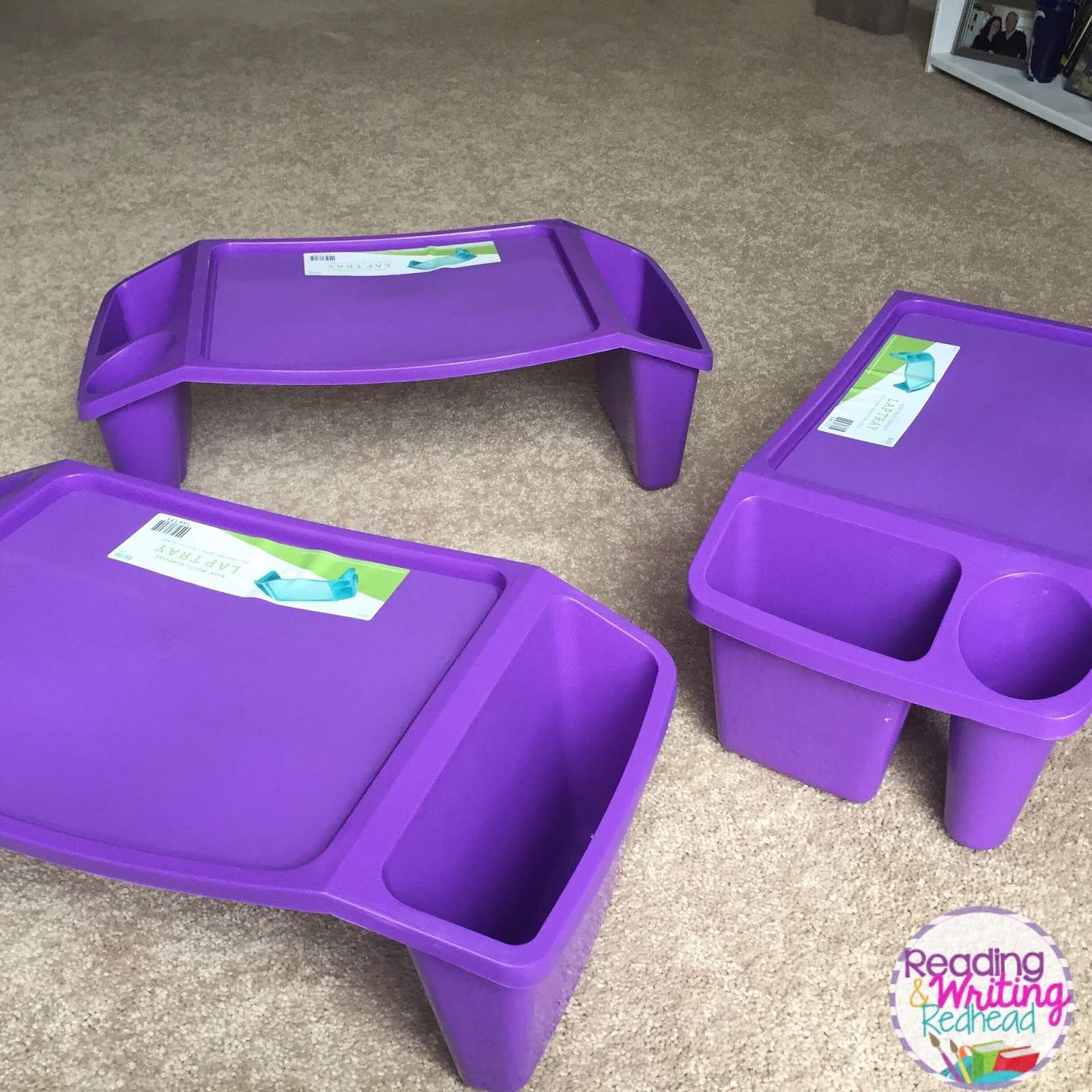 Purple lap desk provide pencil and supply storage in a flexible seating classroom 