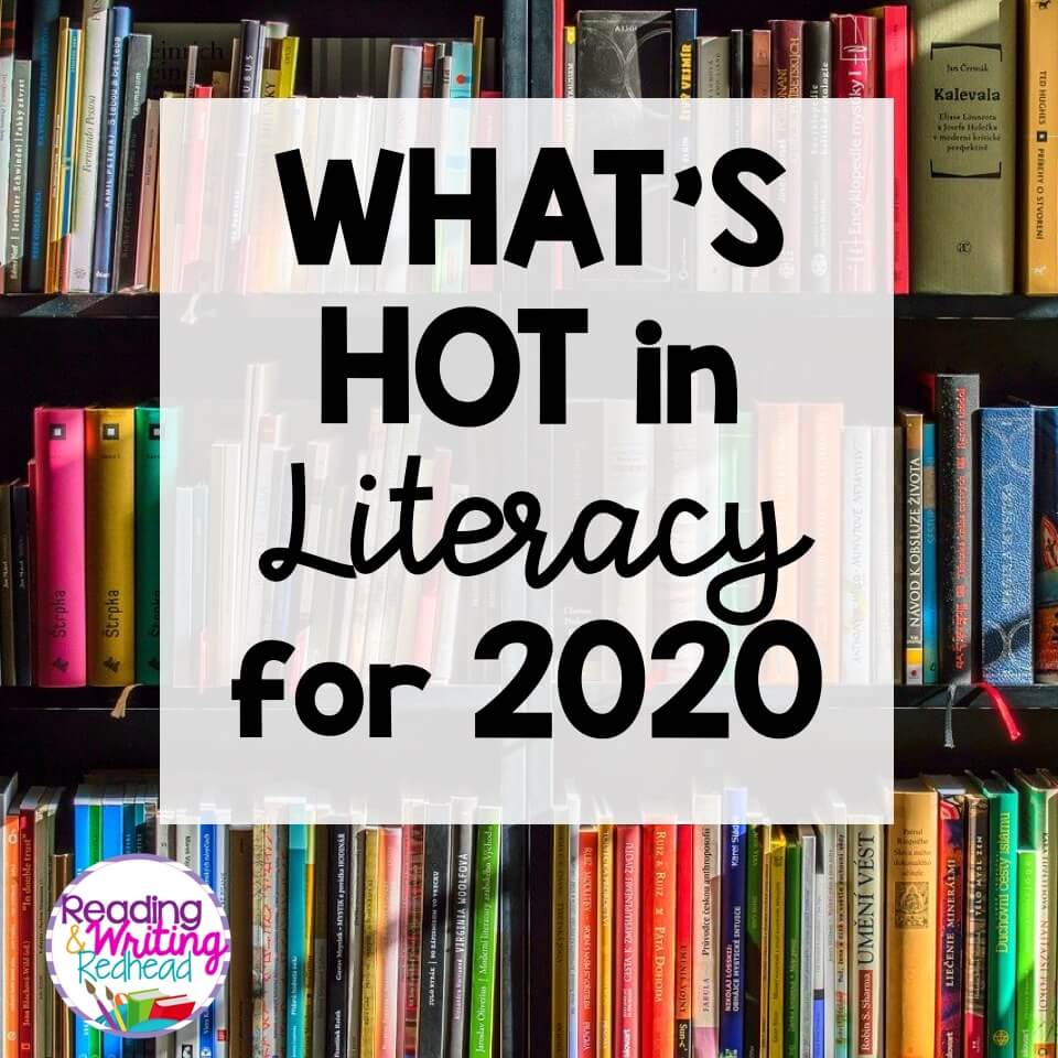  Bookshelf with What's hot in literacy title 