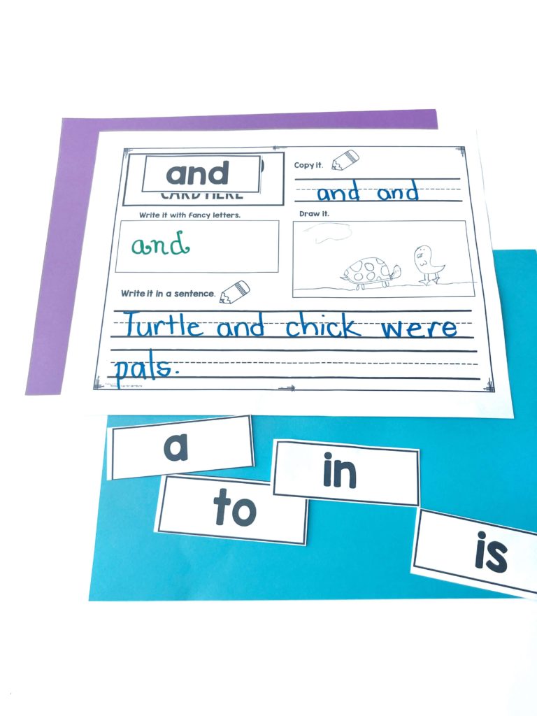 Blank sight word mat with the word card "and" on it, filled in