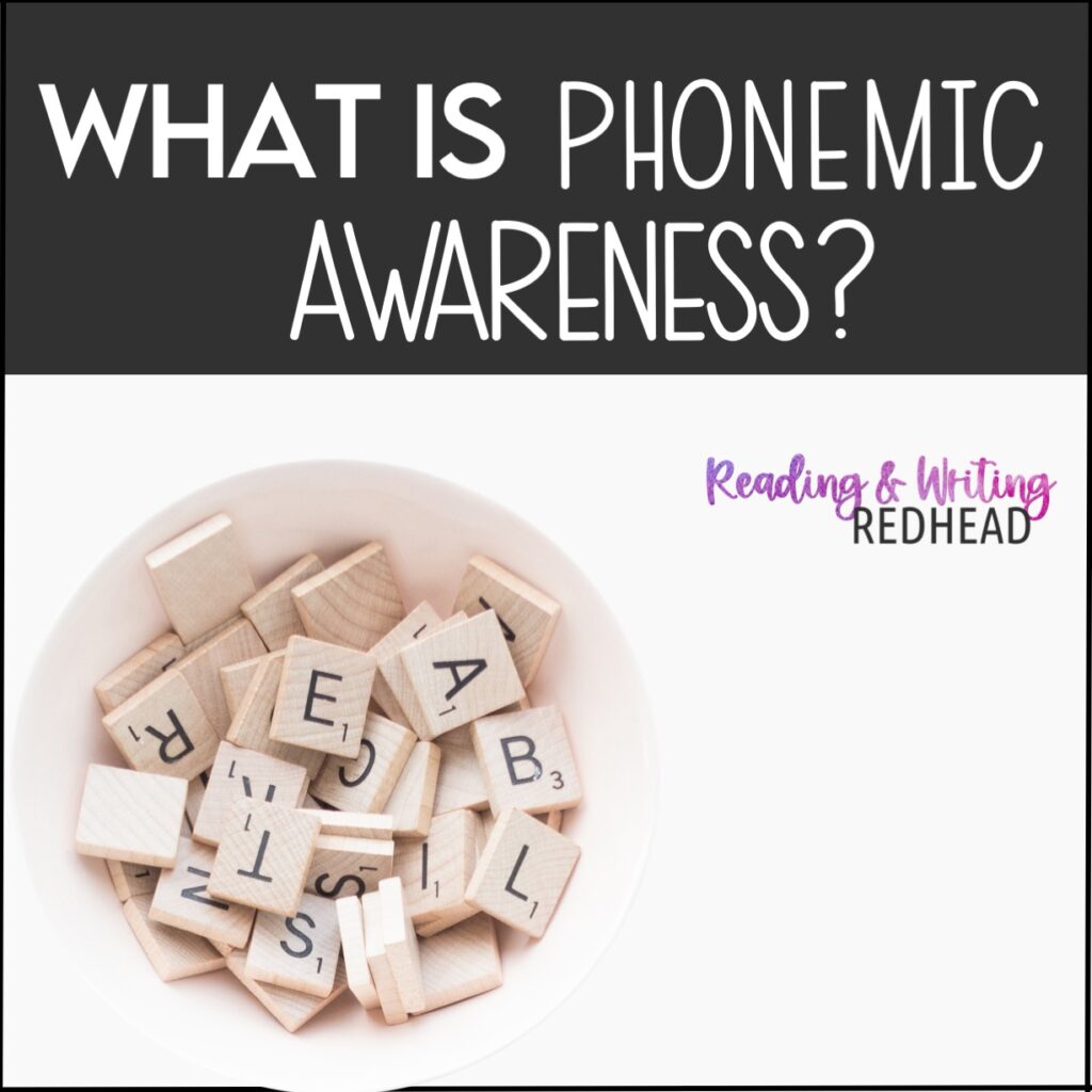 What is phonemic awareness blog post title with white bucket holding letter tiles
