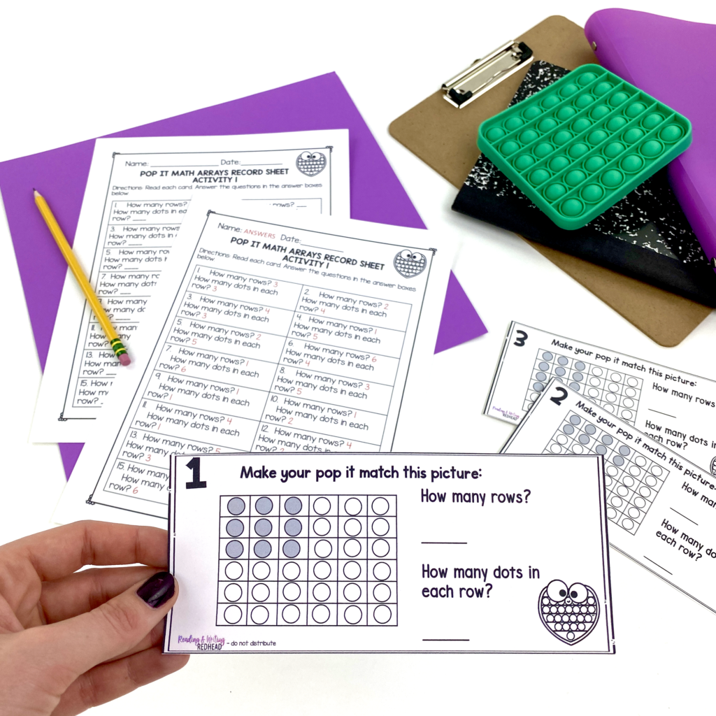 pop it math arrays product photo hand holding card asking how many rows? How many dots in each row?