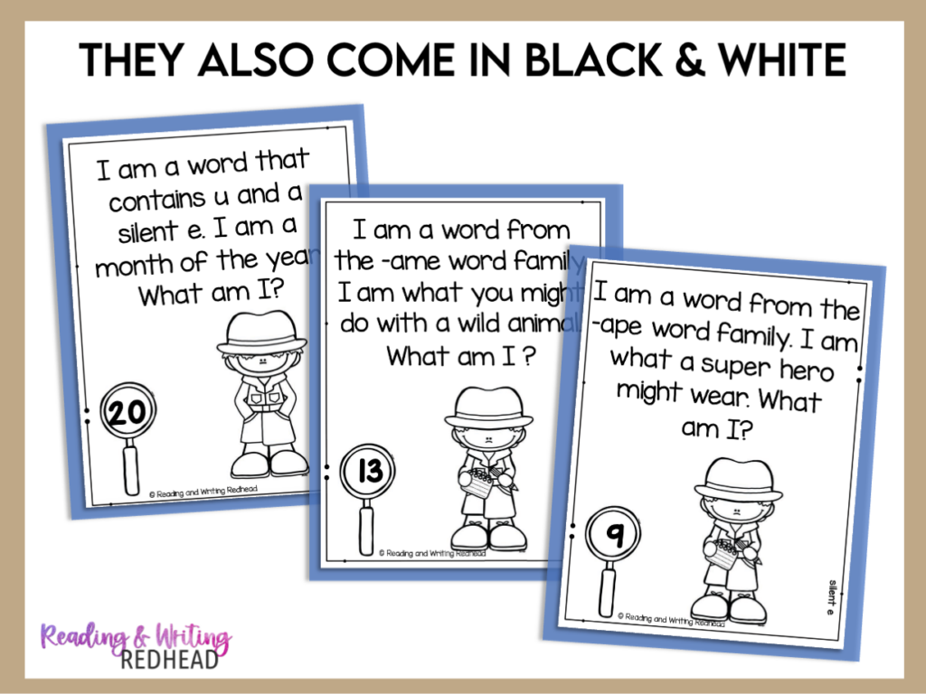 Mystery word riddles bundle black and white cards